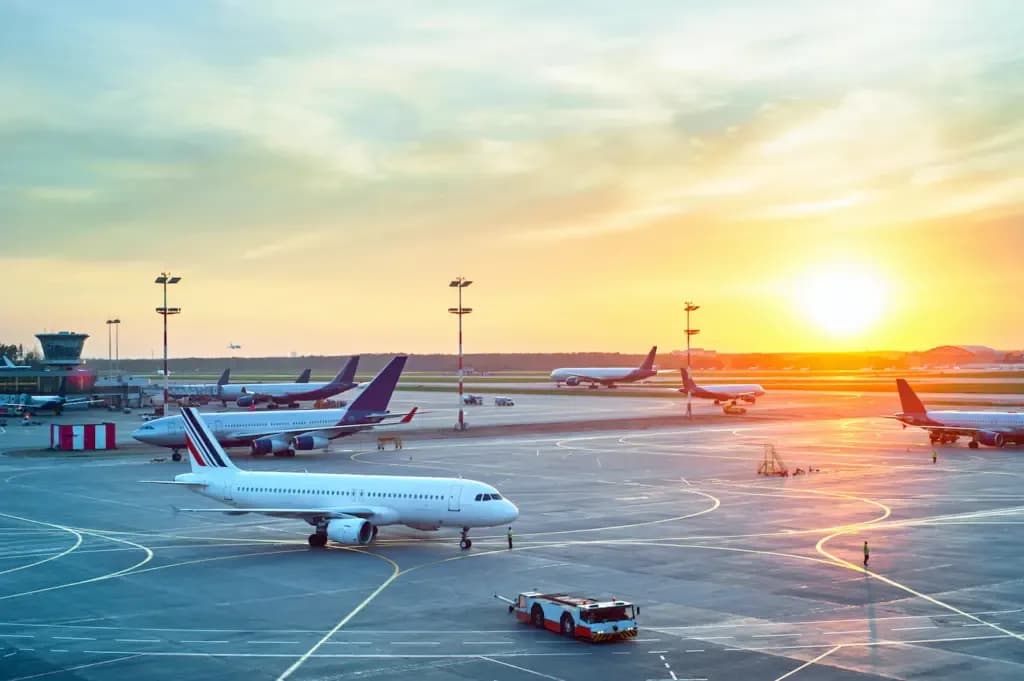 Commercial aircraft parked at airport terminal during golden sunset with tug vehicle on tarmac