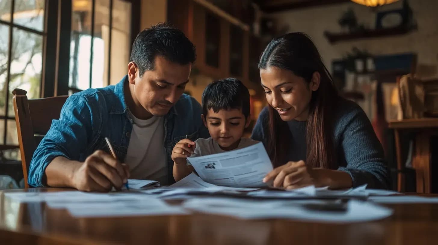 Parents and child reviewing immigration documents together at home table