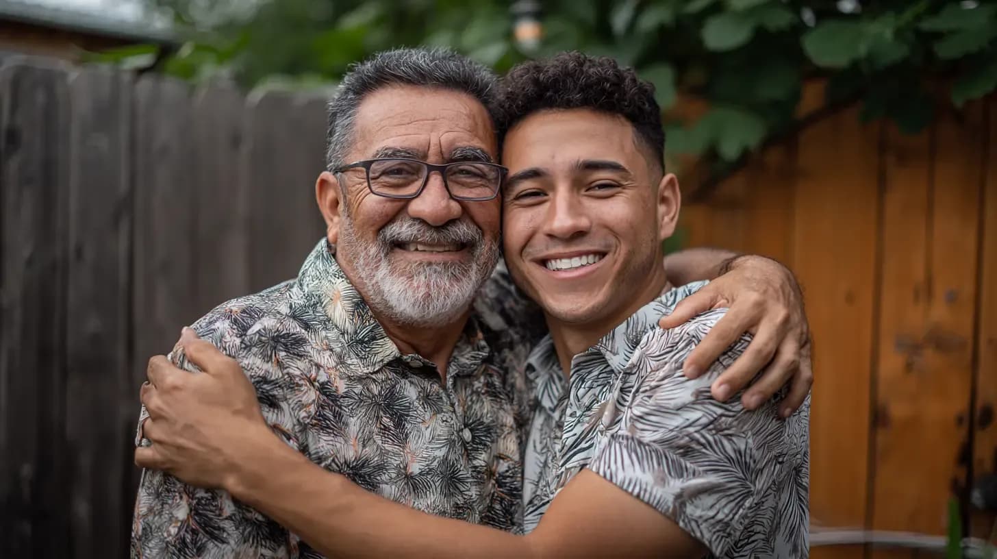 Older man with glasses and younger man embracing outdoors, both smiling warmly at camera