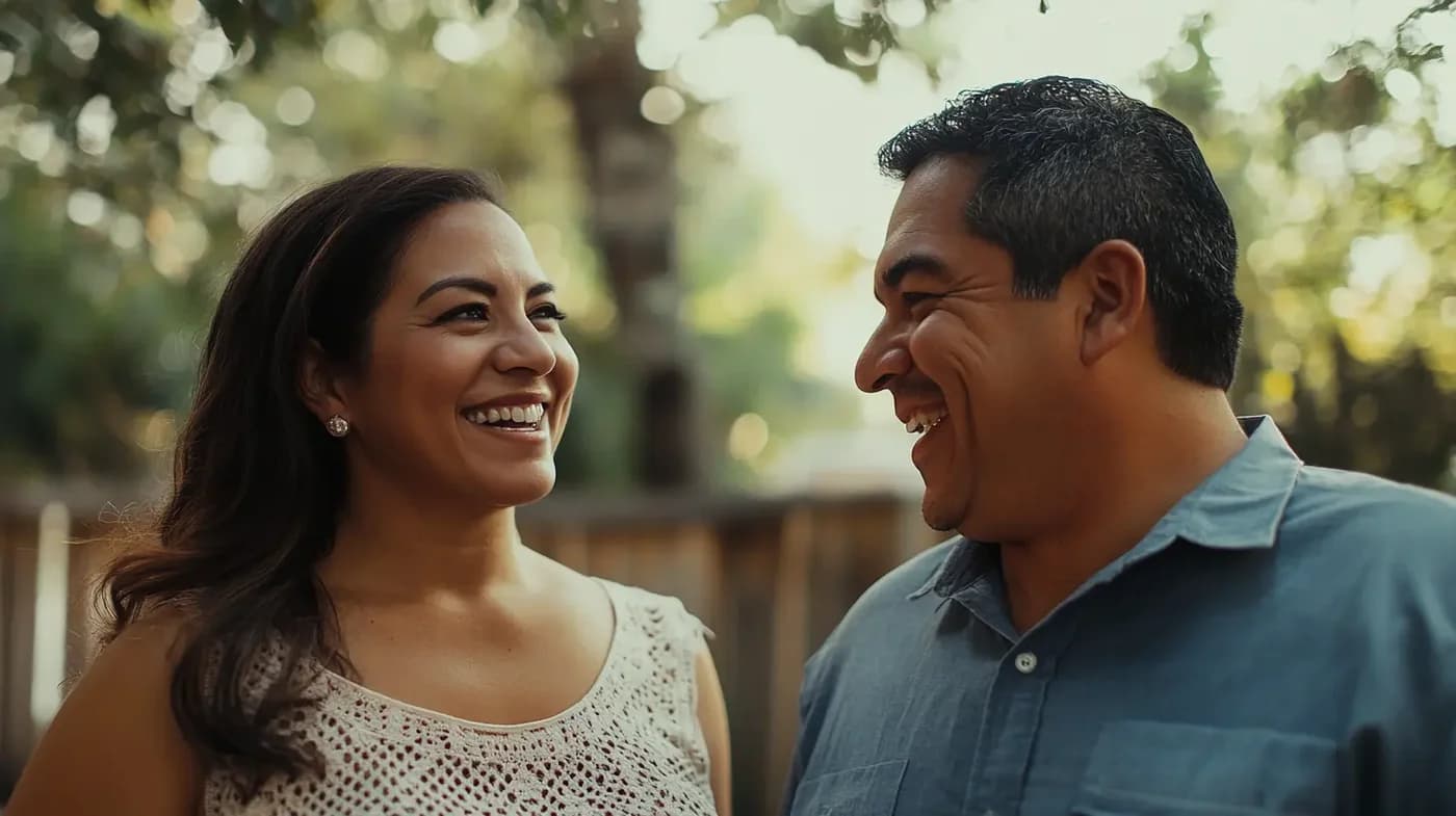 A smiling man and woman laughing together in a garden setting with green foliage