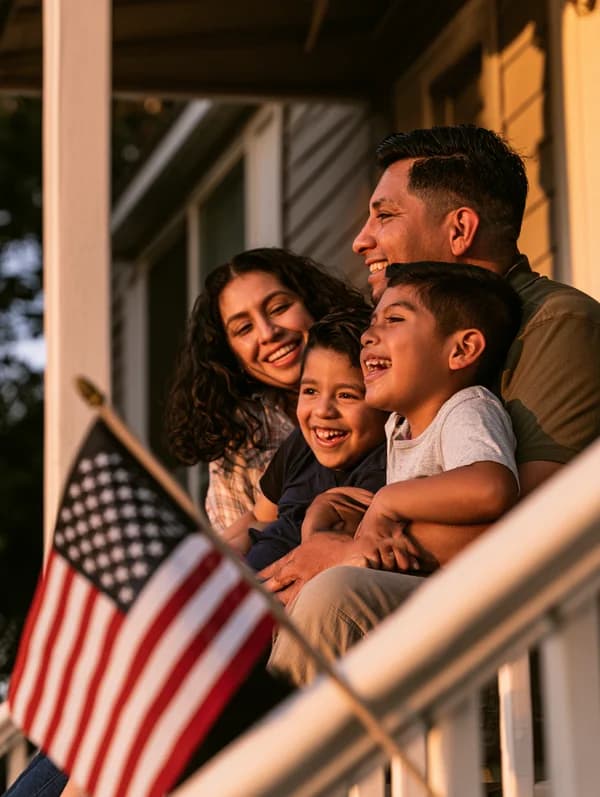 Smiling family of four on a porch with an American flag