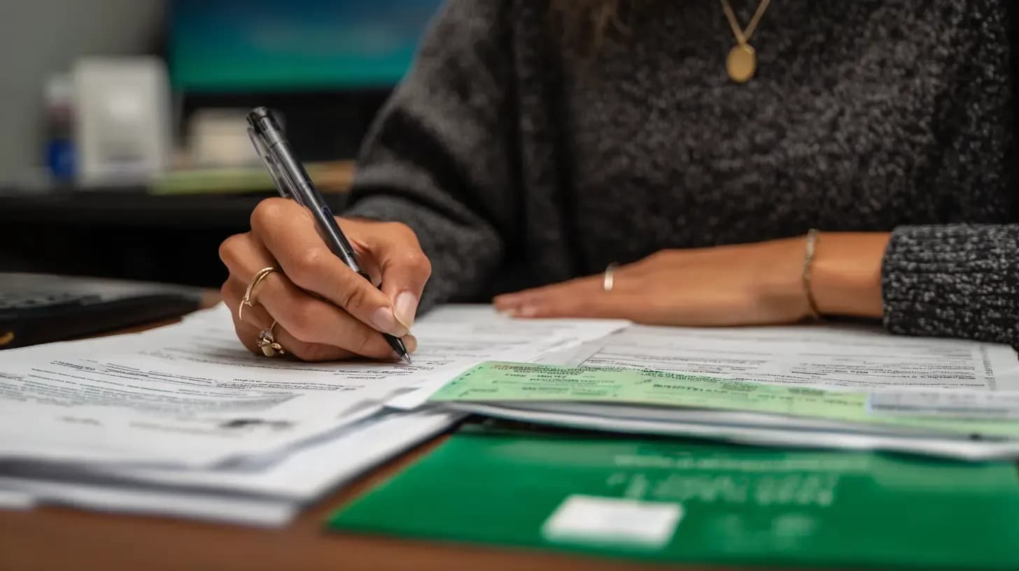 Professional woman in gray blazer writing on immigration documents at desk with green folder
