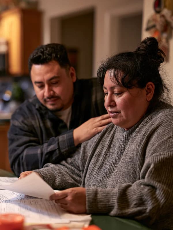 Couple reviewing immigration paperwork together at their kitchen table
