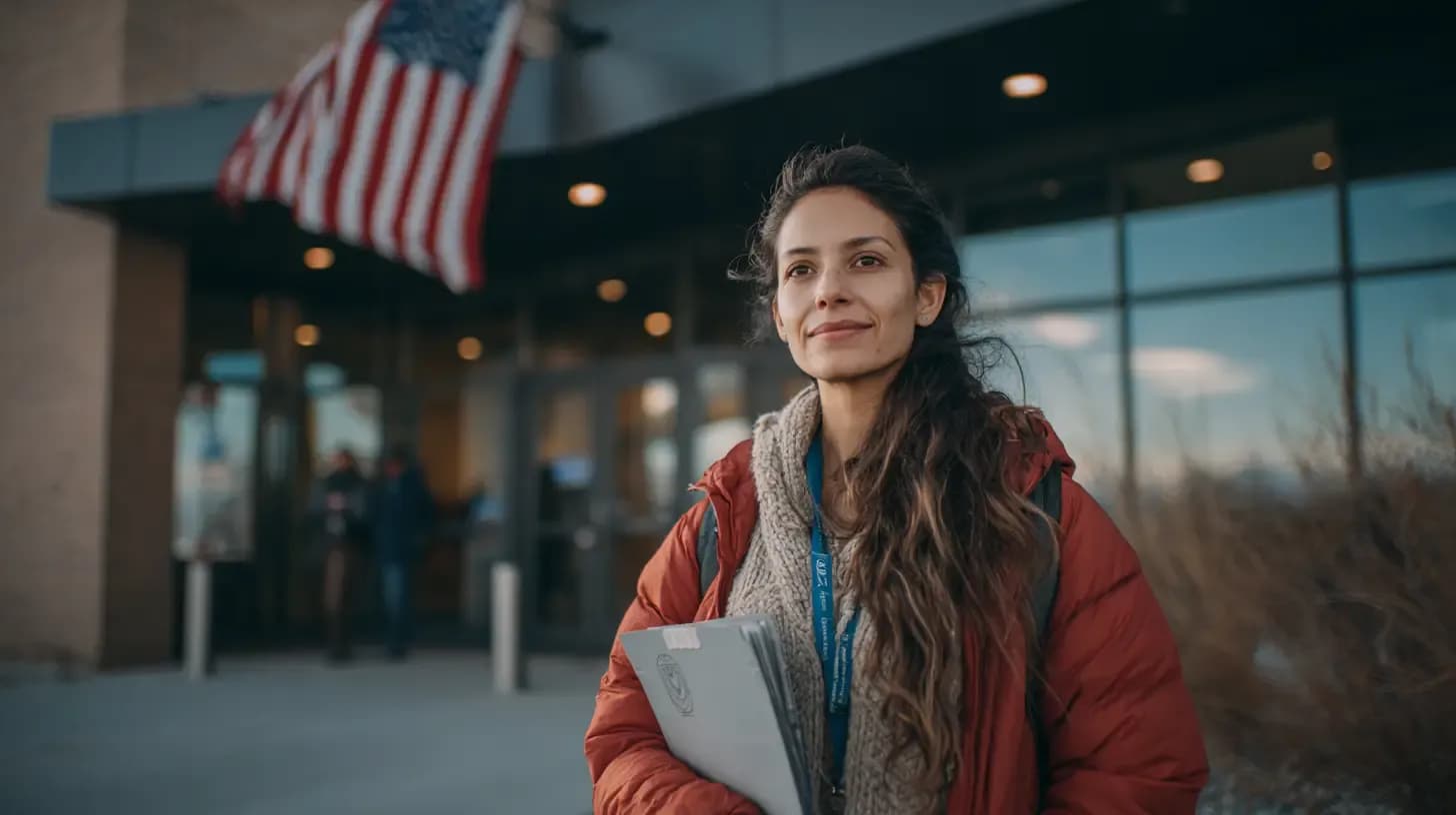Woman holding immigration documents outside a government building with American flag