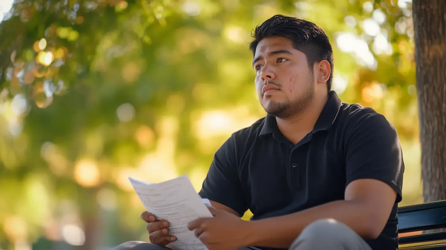 Man in a black polo shirt reading a document while sitting on an outdoor bench