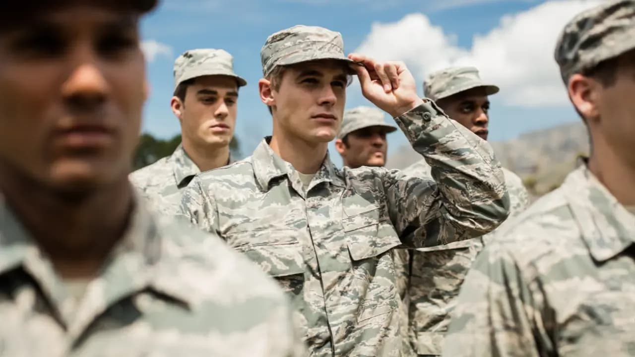 Group of military personnel in camouflage uniforms and caps standing in formation outdoors