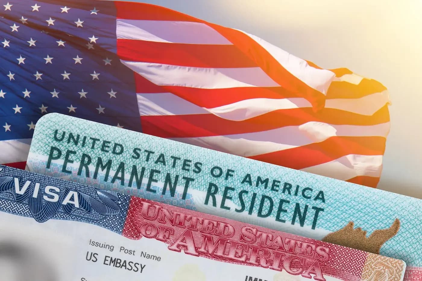 US Permanent Resident card displayed with American flag in background