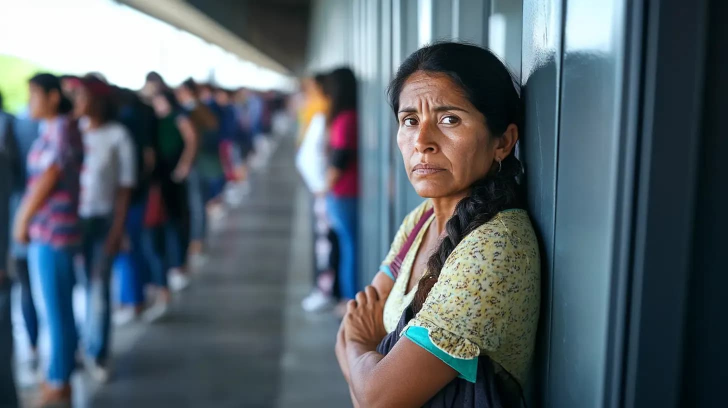 Woman leaning against a wall with a concerned look, long line of people behind her