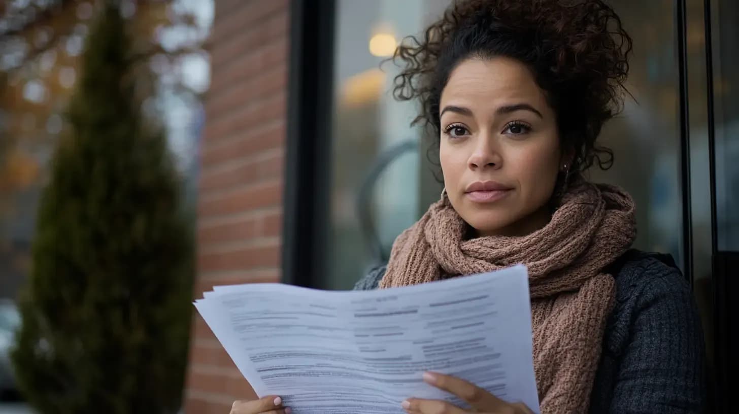 Woman in brown scarf holding and reviewing official documents outdoors